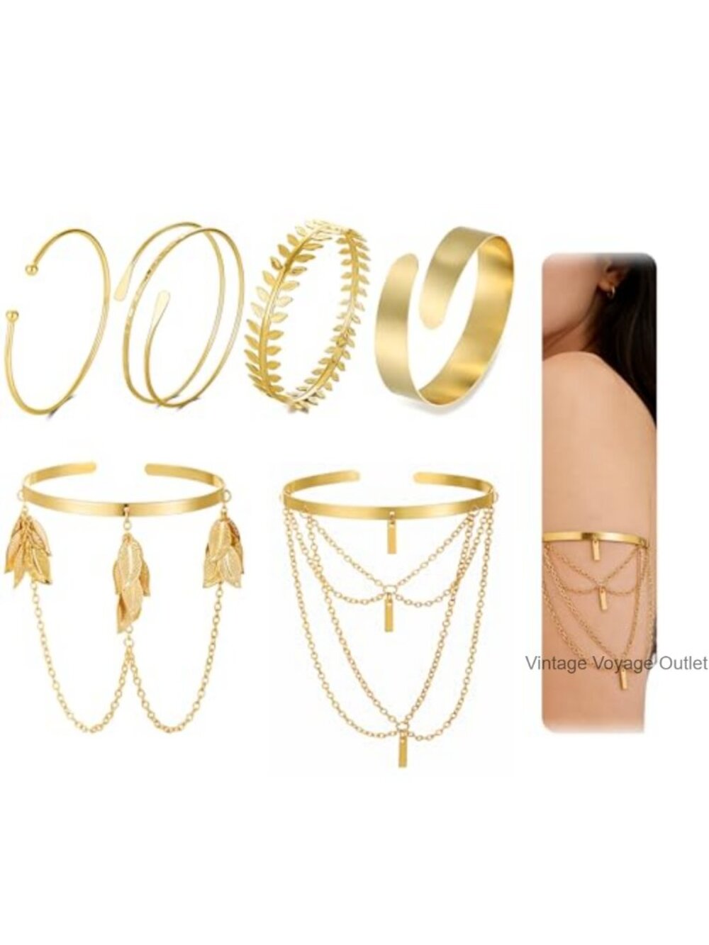 6Pc Metal Upper Arm Cuff Bracelet Set Open Adjustable Stackable Bangle
